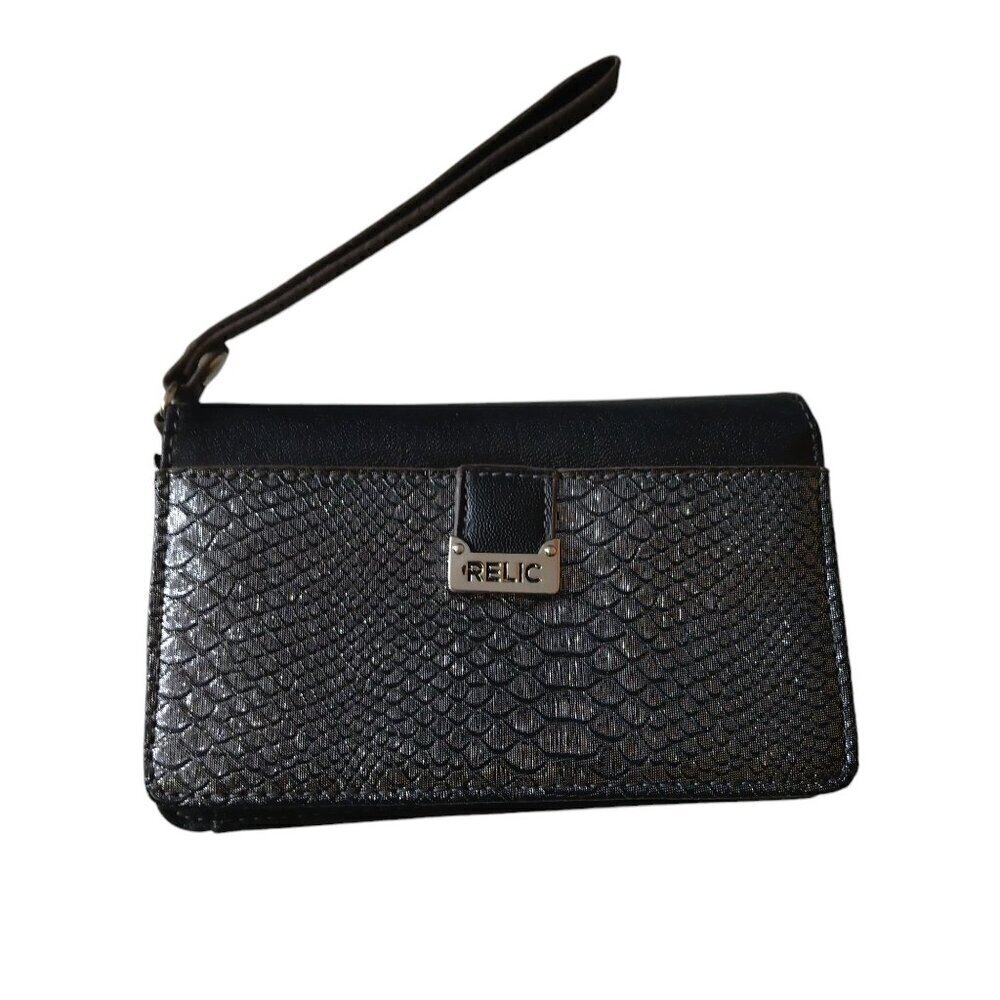 Relic By Fossil Black Faux Snake Print Metallic Snap Closure Logo Wristlet